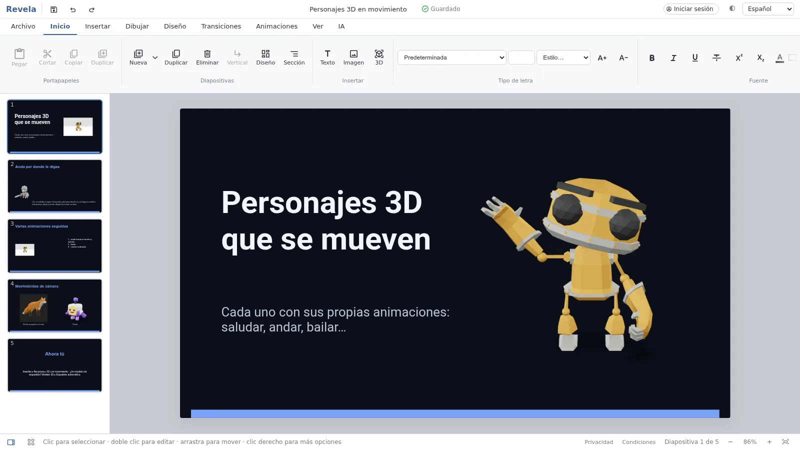 El editor de Revela con una diapositiva en la que un robot 3D saluda
